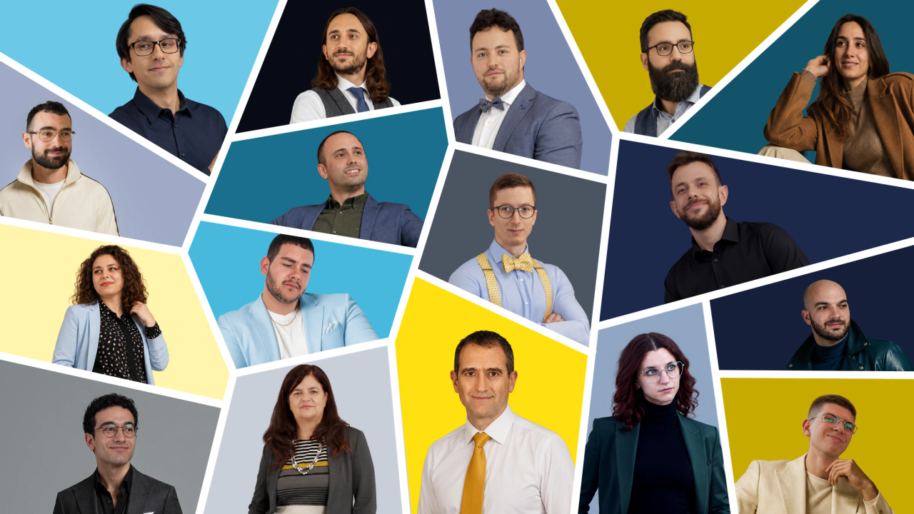 Il team di Svelto!: un collage di ritratti su riquadri colorati, divisi da tagli obliqui.